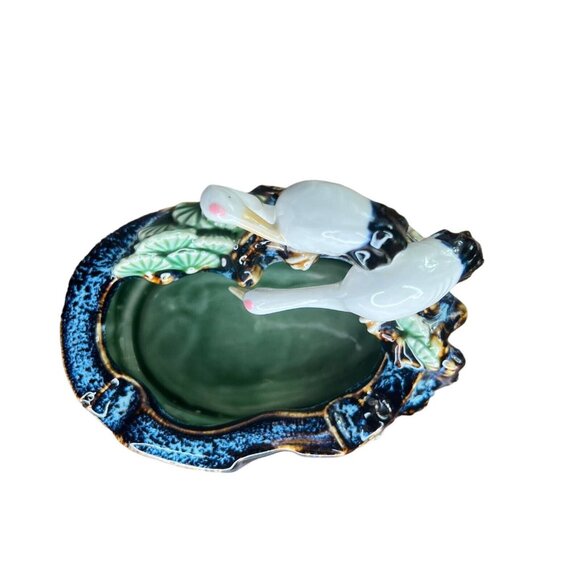 Japanese Glazed Porcelain Stork Ashtray 1960’s Mid Century Modern Lily Pads MCM - Picture 4 of 13